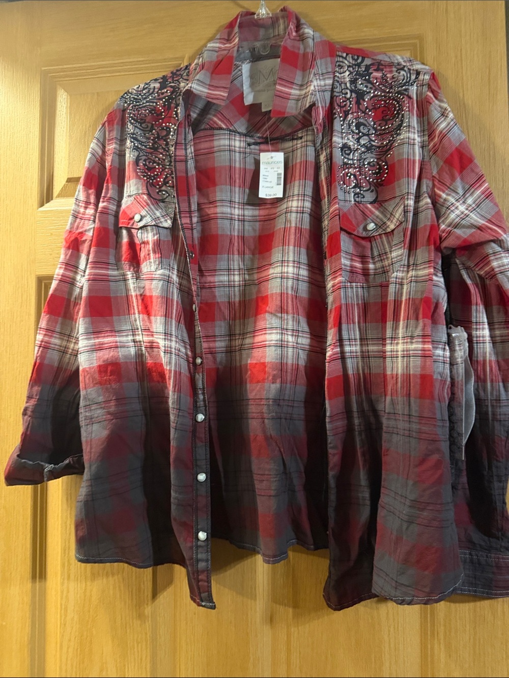 Maurices Red and Gray Plaid Snap Shirt